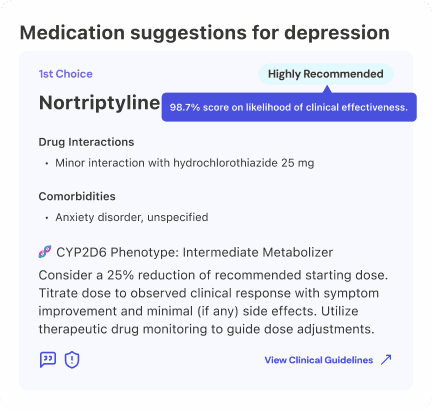 Product preview showing ranked medication suggestions with interactions, comorbidities, genomic phenotype, and dosing guidance.